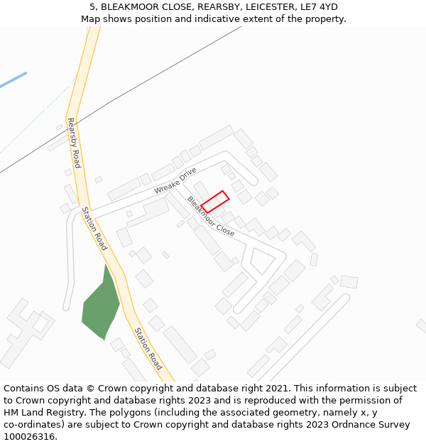 5, BLEAKMOOR CLOSE, REARSBY, LEICESTER, LE7 4YD: Location map and indicative extent of plot