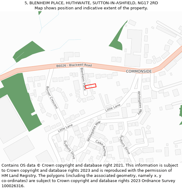 5, BLENHEIM PLACE, HUTHWAITE, SUTTON-IN-ASHFIELD, NG17 2RD: Location map and indicative extent of plot