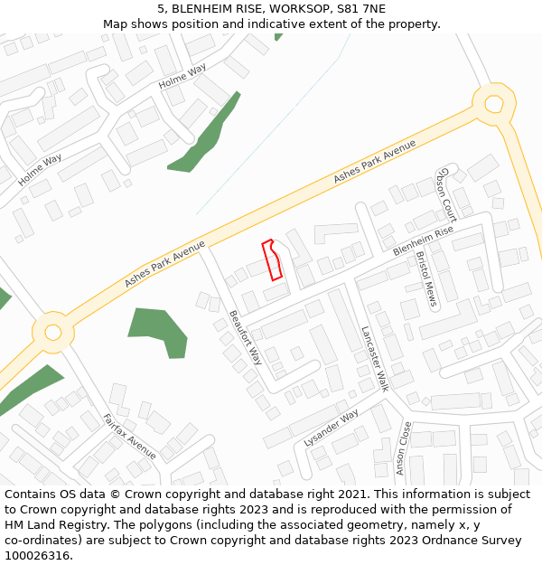 5, BLENHEIM RISE, WORKSOP, S81 7NE: Location map and indicative extent of plot