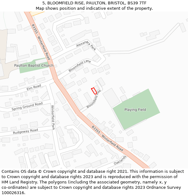 5, BLOOMFIELD RISE, PAULTON, BRISTOL, BS39 7TF: Location map and indicative extent of plot