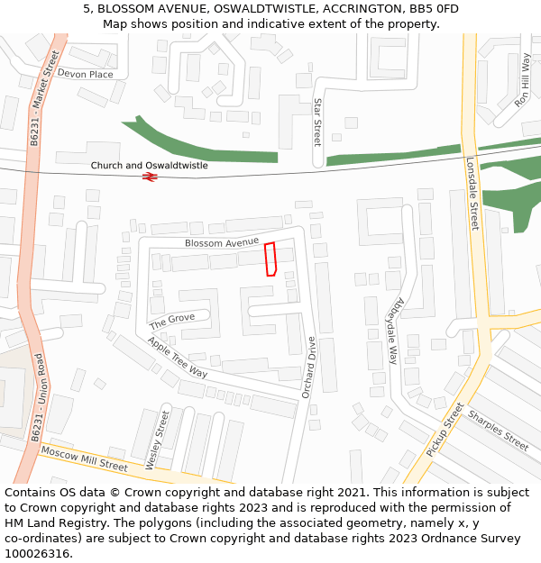 5, BLOSSOM AVENUE, OSWALDTWISTLE, ACCRINGTON, BB5 0FD: Location map and indicative extent of plot