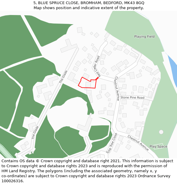 5, BLUE SPRUCE CLOSE, BROMHAM, BEDFORD, MK43 8GQ: Location map and indicative extent of plot