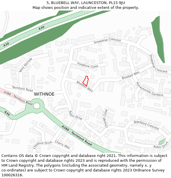 5, BLUEBELL WAY, LAUNCESTON, PL15 9JU: Location map and indicative extent of plot