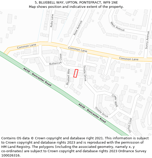 5, BLUEBELL WAY, UPTON, PONTEFRACT, WF9 1NE: Location map and indicative extent of plot