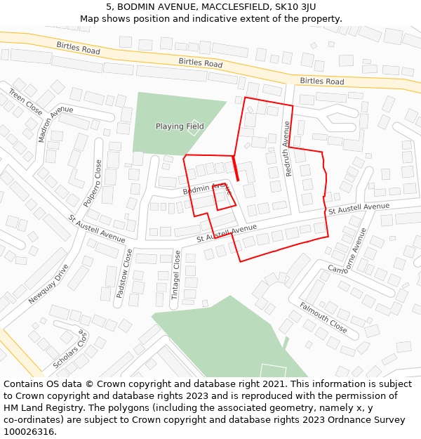 5, BODMIN AVENUE, MACCLESFIELD, SK10 3JU: Location map and indicative extent of plot