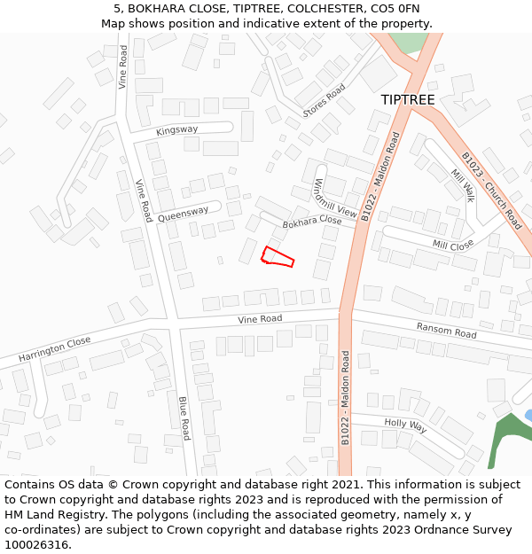 5, BOKHARA CLOSE, TIPTREE, COLCHESTER, CO5 0FN: Location map and indicative extent of plot