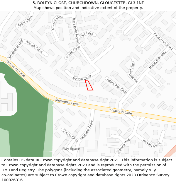 5, BOLEYN CLOSE, CHURCHDOWN, GLOUCESTER, GL3 1NF: Location map and indicative extent of plot