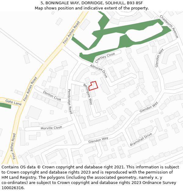 5, BONINGALE WAY, DORRIDGE, SOLIHULL, B93 8SF: Location map and indicative extent of plot