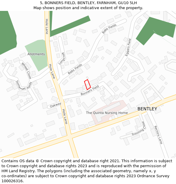 5, BONNERS FIELD, BENTLEY, FARNHAM, GU10 5LH: Location map and indicative extent of plot