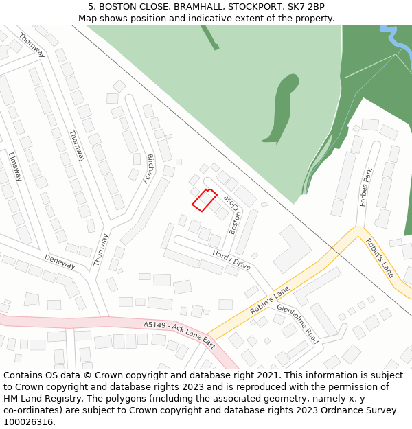 5, BOSTON CLOSE, BRAMHALL, STOCKPORT, SK7 2BP: Location map and indicative extent of plot