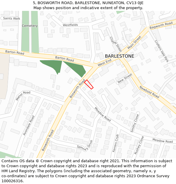 5, BOSWORTH ROAD, BARLESTONE, NUNEATON, CV13 0JE: Location map and indicative extent of plot