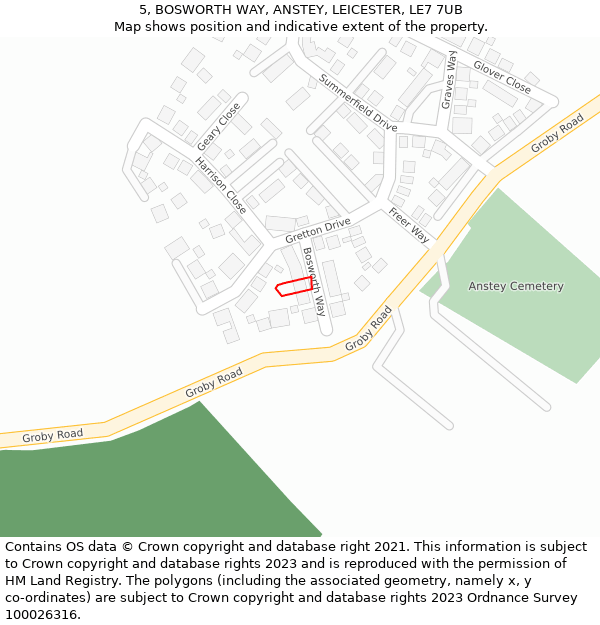 5, BOSWORTH WAY, ANSTEY, LEICESTER, LE7 7UB: Location map and indicative extent of plot