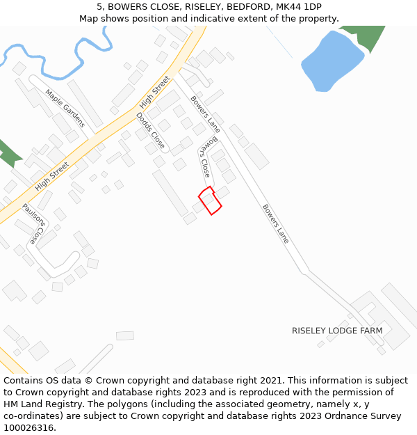 5, BOWERS CLOSE, RISELEY, BEDFORD, MK44 1DP: Location map and indicative extent of plot