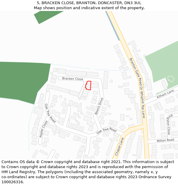 5, BRACKEN CLOSE, BRANTON, DONCASTER, DN3 3UL: Location map and indicative extent of plot