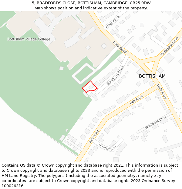 5, BRADFORDS CLOSE, BOTTISHAM, CAMBRIDGE, CB25 9DW: Location map and indicative extent of plot