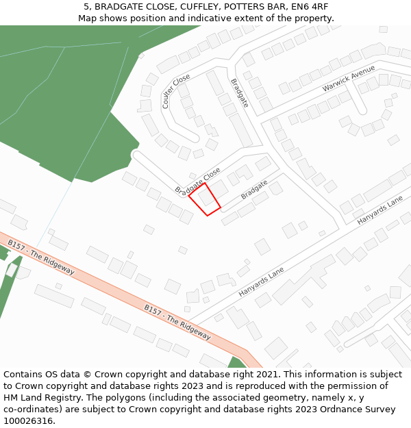 5, BRADGATE CLOSE, CUFFLEY, POTTERS BAR, EN6 4RF: Location map and indicative extent of plot