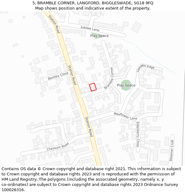 5, BRAMBLE CORNER, LANGFORD, BIGGLESWADE, SG18 9FQ: Location map and indicative extent of plot