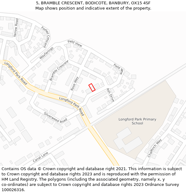 5, BRAMBLE CRESCENT, BODICOTE, BANBURY, OX15 4SF: Location map and indicative extent of plot