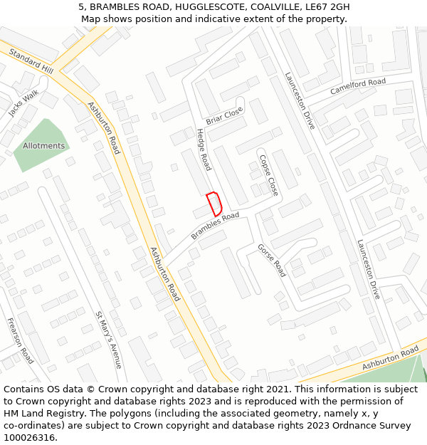 5, BRAMBLES ROAD, HUGGLESCOTE, COALVILLE, LE67 2GH: Location map and indicative extent of plot