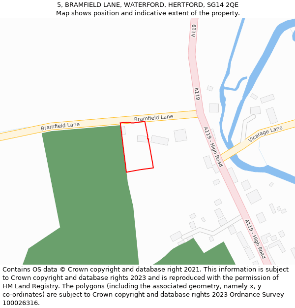 5, BRAMFIELD LANE, WATERFORD, HERTFORD, SG14 2QE: Location map and indicative extent of plot