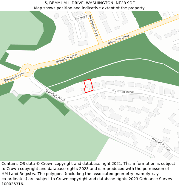 5, BRAMHALL DRIVE, WASHINGTON, NE38 9DE: Location map and indicative extent of plot