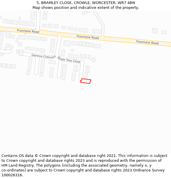 5, BRAMLEY CLOSE, CROWLE, WORCESTER, WR7 4BN: Location map and indicative extent of plot