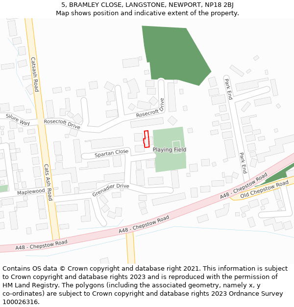 5, BRAMLEY CLOSE, LANGSTONE, NEWPORT, NP18 2BJ: Location map and indicative extent of plot