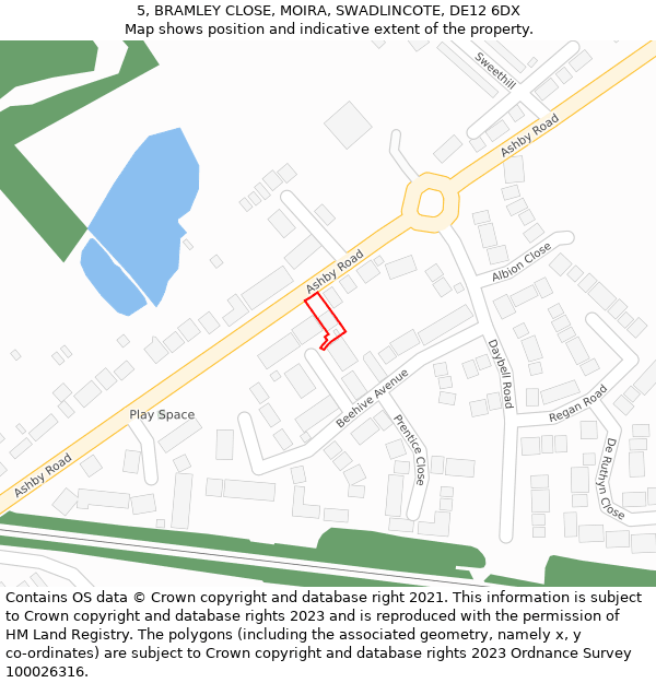 5, BRAMLEY CLOSE, MOIRA, SWADLINCOTE, DE12 6DX: Location map and indicative extent of plot