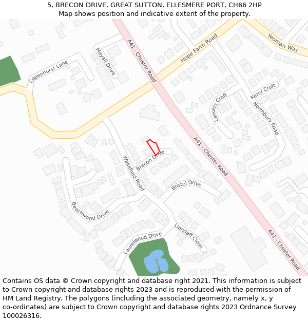 5, BRECON DRIVE, GREAT SUTTON, ELLESMERE PORT, CH66 2HP: Location map and indicative extent of plot