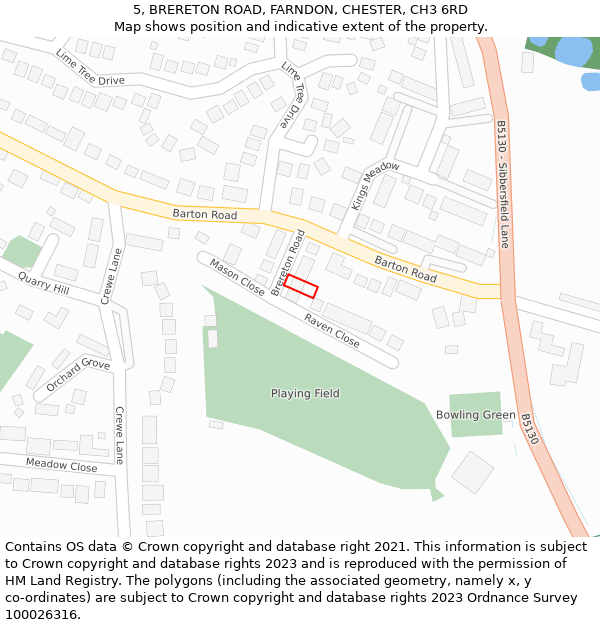 5, BRERETON ROAD, FARNDON, CHESTER, CH3 6RD: Location map and indicative extent of plot