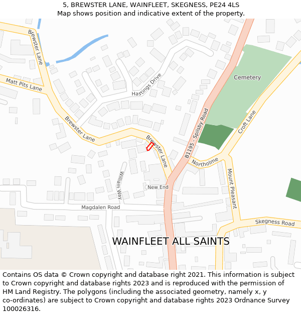 5, BREWSTER LANE, WAINFLEET, SKEGNESS, PE24 4LS: Location map and indicative extent of plot