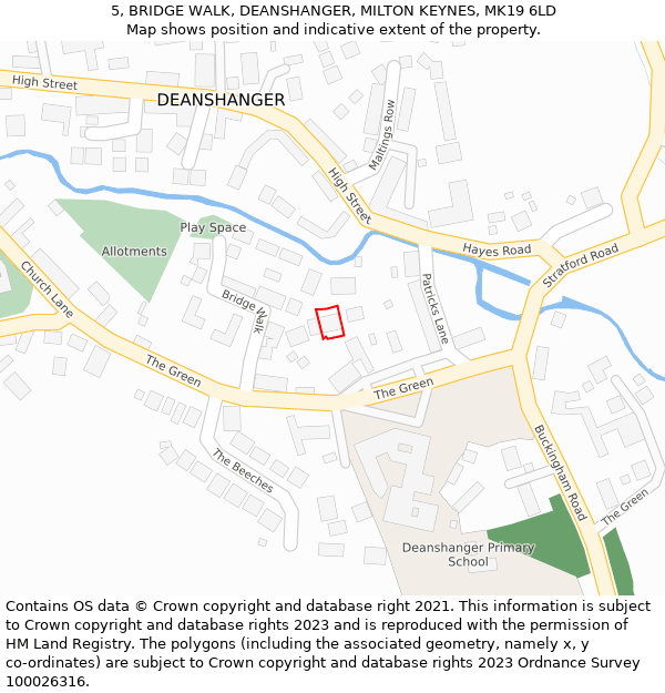 5, BRIDGE WALK, DEANSHANGER, MILTON KEYNES, MK19 6LD: Location map and indicative extent of plot