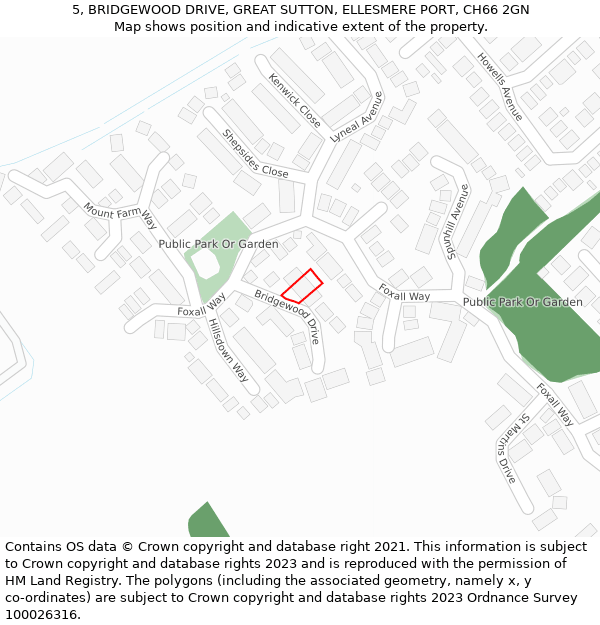 5, BRIDGEWOOD DRIVE, GREAT SUTTON, ELLESMERE PORT, CH66 2GN: Location map and indicative extent of plot