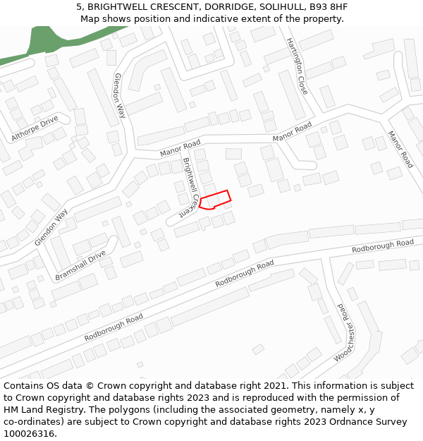 5, BRIGHTWELL CRESCENT, DORRIDGE, SOLIHULL, B93 8HF: Location map and indicative extent of plot