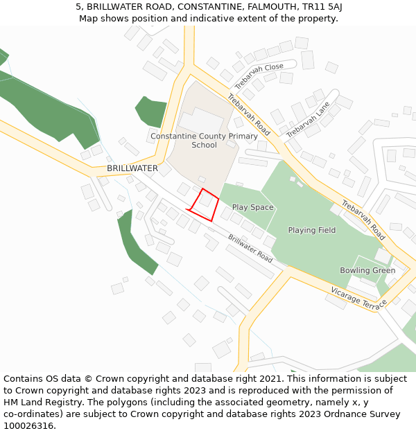 5, BRILLWATER ROAD, CONSTANTINE, FALMOUTH, TR11 5AJ: Location map and indicative extent of plot