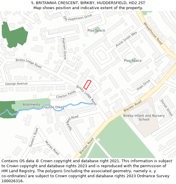 5, BRITANNIA CRESCENT, BIRKBY, HUDDERSFIELD, HD2 2ST: Location map and indicative extent of plot