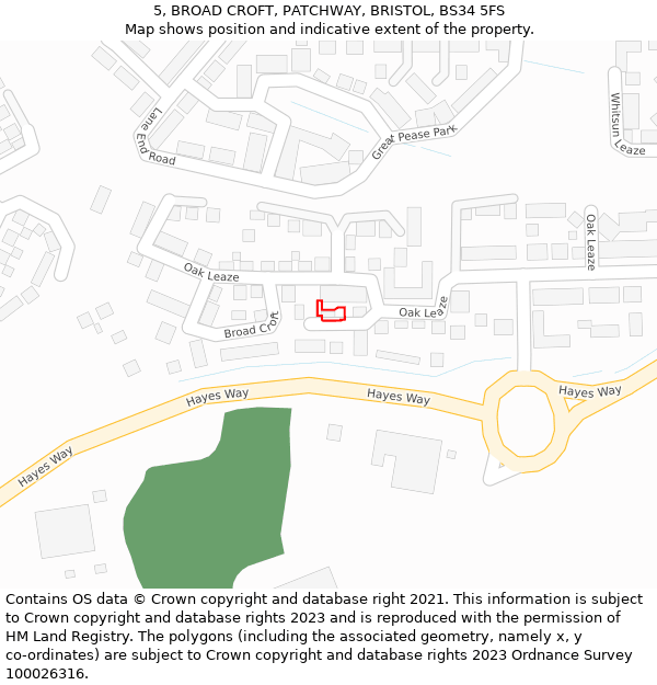 5, BROAD CROFT, PATCHWAY, BRISTOL, BS34 5FS: Location map and indicative extent of plot