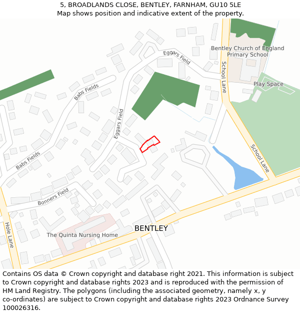 5, BROADLANDS CLOSE, BENTLEY, FARNHAM, GU10 5LE: Location map and indicative extent of plot