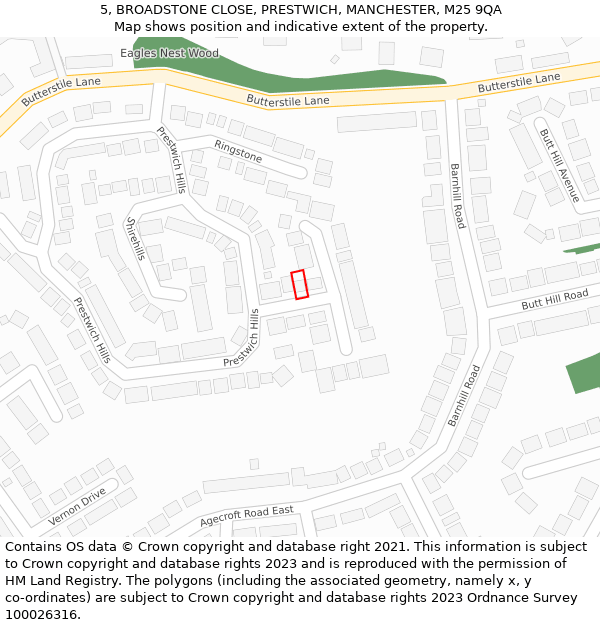 5, BROADSTONE CLOSE, PRESTWICH, MANCHESTER, M25 9QA: Location map and indicative extent of plot