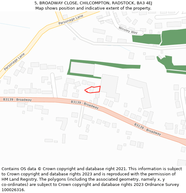 5, BROADWAY CLOSE, CHILCOMPTON, RADSTOCK, BA3 4EJ: Location map and indicative extent of plot