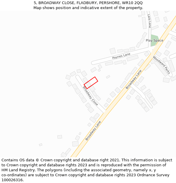 5, BROADWAY CLOSE, FLADBURY, PERSHORE, WR10 2QQ: Location map and indicative extent of plot