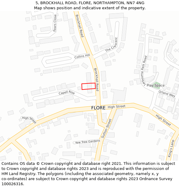 5, BROCKHALL ROAD, FLORE, NORTHAMPTON, NN7 4NG: Location map and indicative extent of plot