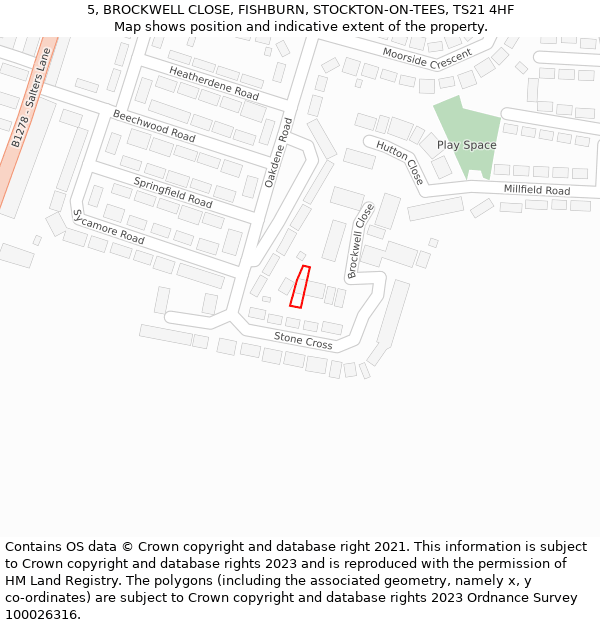 5, BROCKWELL CLOSE, FISHBURN, STOCKTON-ON-TEES, TS21 4HF: Location map and indicative extent of plot