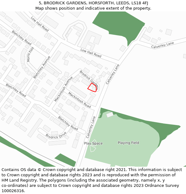 5, BRODRICK GARDENS, HORSFORTH, LEEDS, LS18 4FJ: Location map and indicative extent of plot