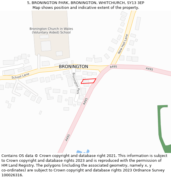 5, BRONINGTON PARK, BRONINGTON, WHITCHURCH, SY13 3EP: Location map and indicative extent of plot