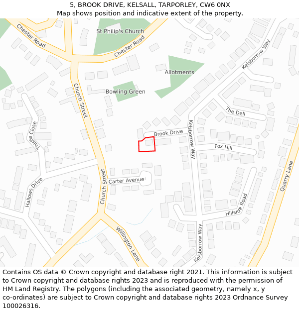 5, BROOK DRIVE, KELSALL, TARPORLEY, CW6 0NX: Location map and indicative extent of plot