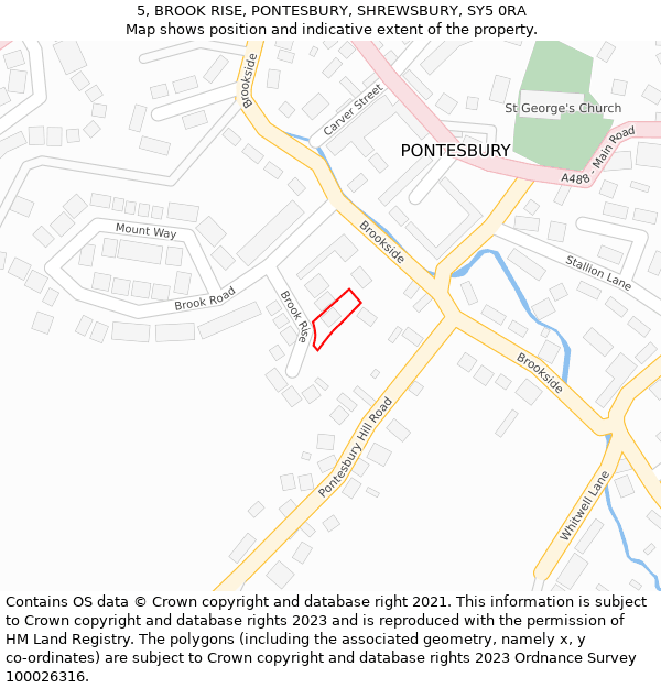 5, BROOK RISE, PONTESBURY, SHREWSBURY, SY5 0RA: Location map and indicative extent of plot