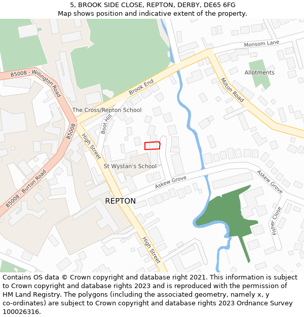 5, BROOK SIDE CLOSE, REPTON, DERBY, DE65 6FG: Location map and indicative extent of plot