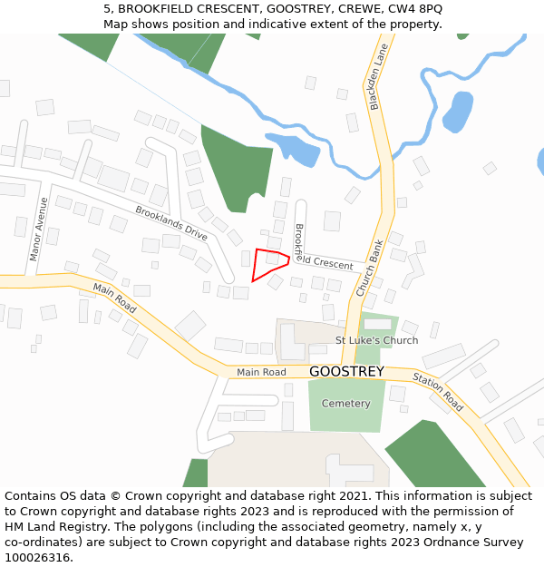 5, BROOKFIELD CRESCENT, GOOSTREY, CREWE, CW4 8PQ: Location map and indicative extent of plot