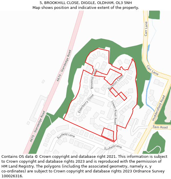 5, BROOKHILL CLOSE, DIGGLE, OLDHAM, OL3 5NH: Location map and indicative extent of plot